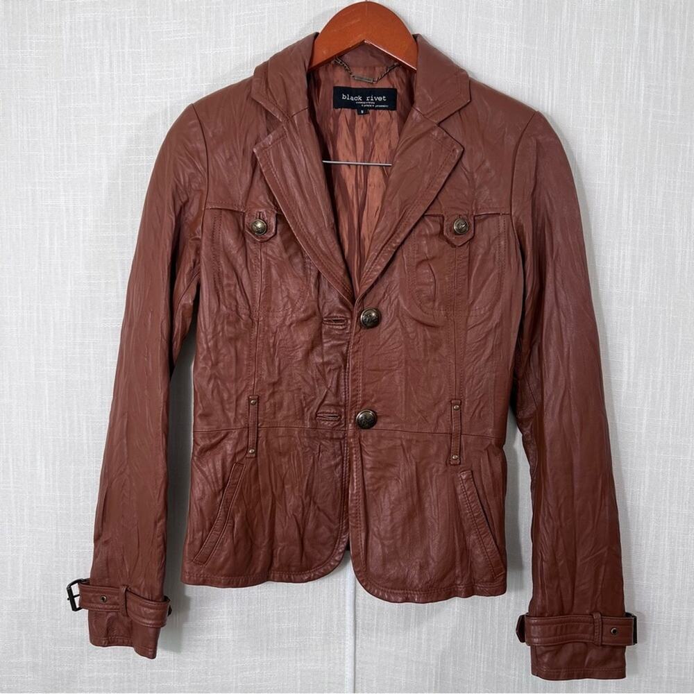 Black Rivet Vintage Style Genuine Leather Button Jacket Coat Blazer Size S